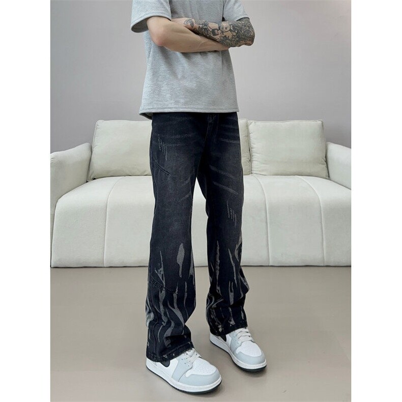 扎染弯刀牛仔裤男款美式高街vibe直筒微喇裤 310A-4-NZ75-P55图片