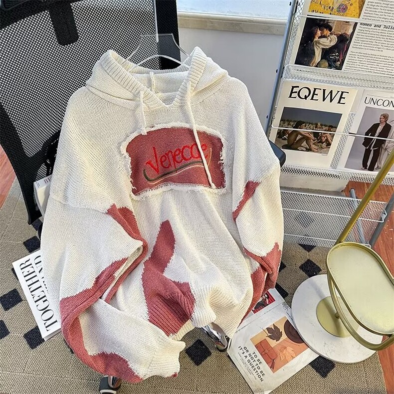 潮先生美式复古学院风叠穿毛衣男慵懒风撞色拼接连帽针织衫P51,男装针织衫/毛衣,四季星座218-1