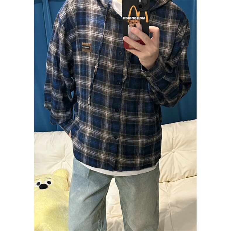 美式复古连帽蓝色格子衬衫男春夏2025薄款长袖设计感痞帅衬衣外套,男装衬衫,星座601-1