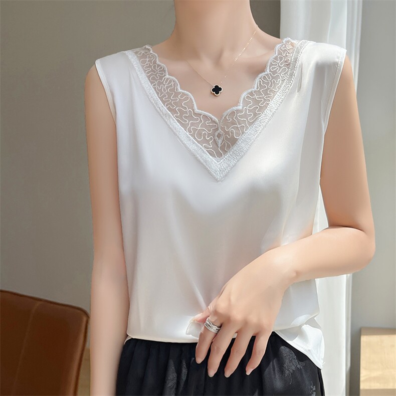 优雅蕾丝拼接V领吊带背心女秋款显瘦气质内搭打底衫无袖上衣，女装背心吊带，尚雪电商供货
