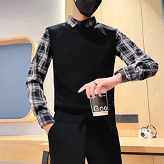 秋冬新款男士衬衫格子袖毛衣假二件男冬季打底衫301A-1/M82/P75，男装T恤，星座301A-1