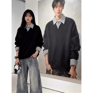 抖音得物高品质二开 26春季美式潮牌假两件衬衫男女翻领长袖卫衣图片