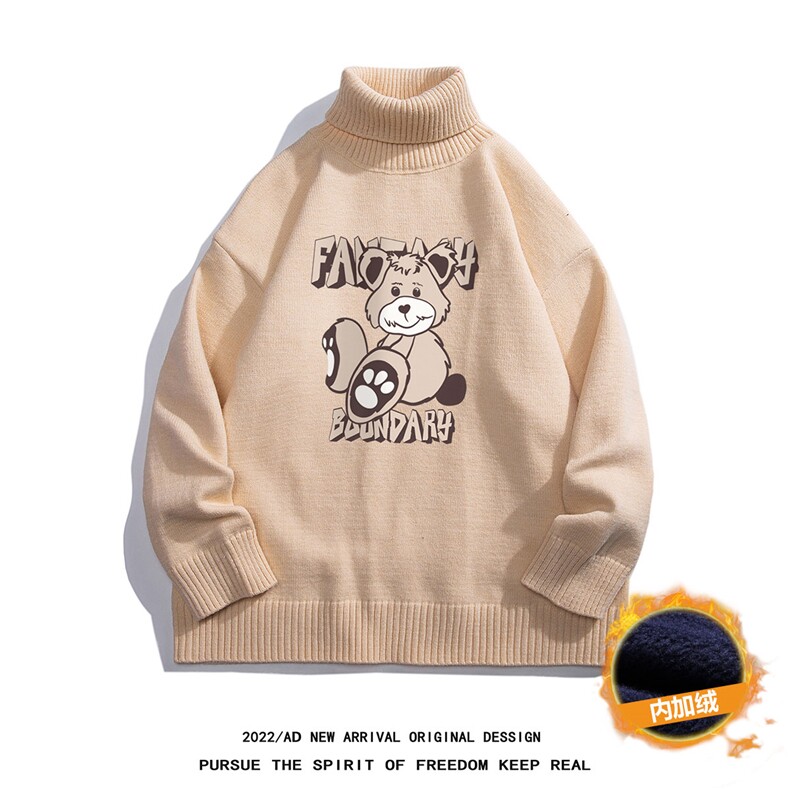 白底22秋冬趣味小熊百搭可翻高领套头毛衣M959P55加绒65控78-88,男装针织衫/毛衣,电商A247-1