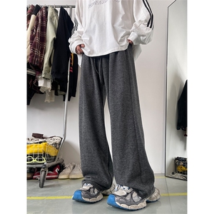 08宽松直筒糯米裤坠感灰色阔腿裤针织运动长裤XZ211-1-K2355-P60图片