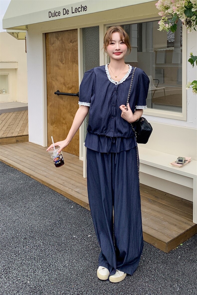 藏青色蕾丝花边圆领上衣阔腿裤套装女2025夏新款设计感甜美两件套,女装套装/套裙,2C159