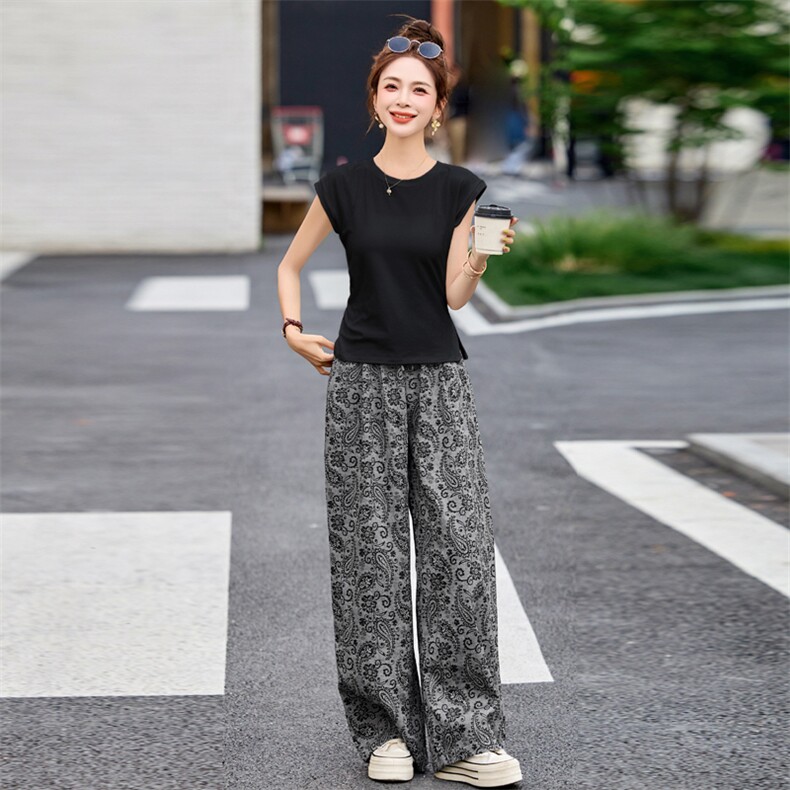 三件套2025夏季新款韩版宽松百搭T恤松紧腰提花阔腿裤女显瘦长裤,女装套装/套裙,江南女神