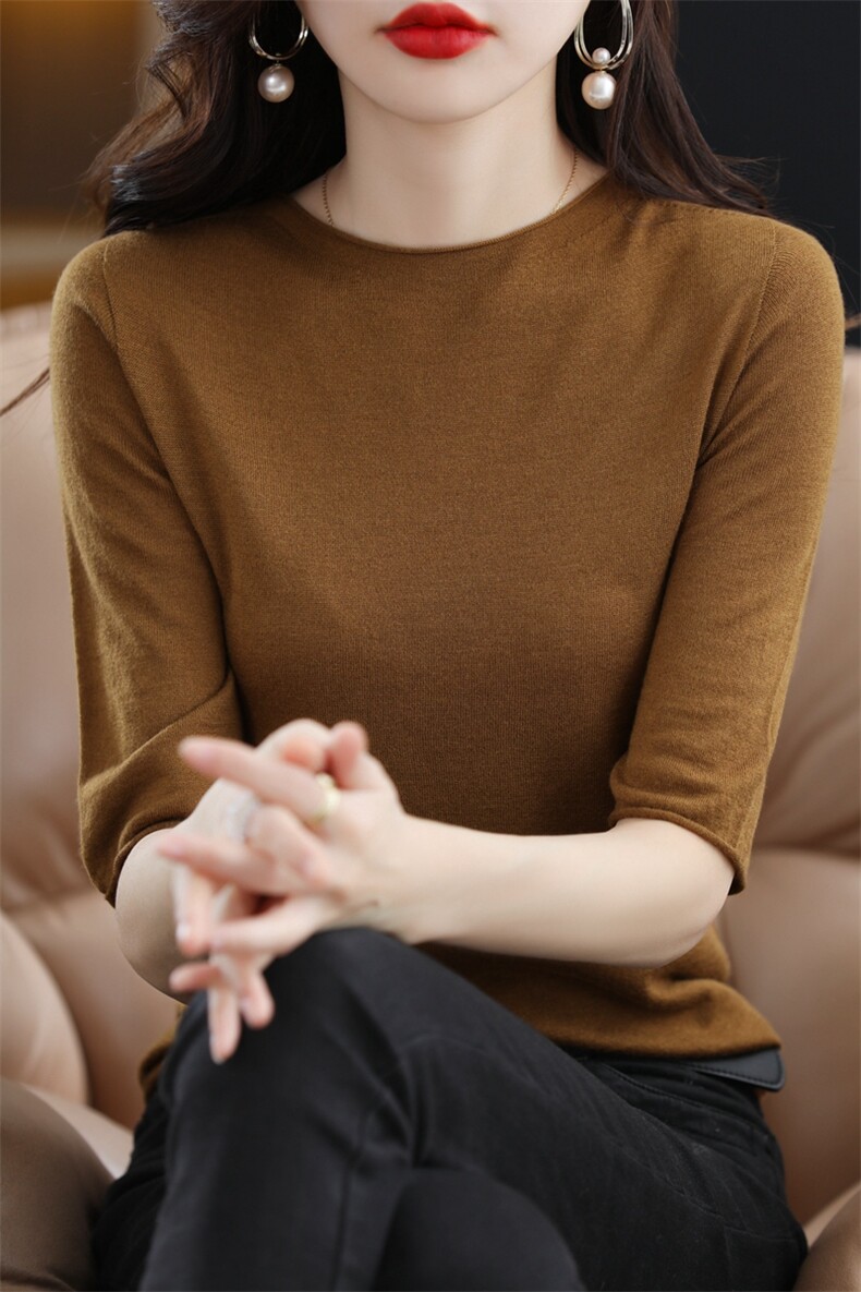 一线成衣精仿薄款五分袖针织打底衫女卷边小圆领气质宽松短袖t恤,针织衫/毛衣,暖烁羊绒