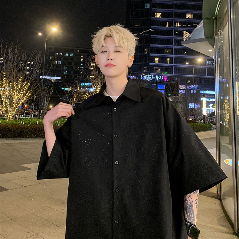 夜景满天星空短袖夏季冰丝垂感亮片光板衬衫帅痞衬衣C2318-特P35,男装T恤,星座1213