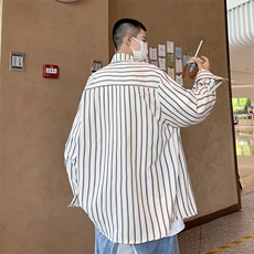条纹长袖衬衫男夏季新款日系复古潮流青少年学生宽松休闲衬衣外套，男装衬衫，星座601-2