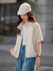 2026年春季新款小众设计时尚百搭休闲立领拼接针织短袖马甲短外套，女装短外套，深水步