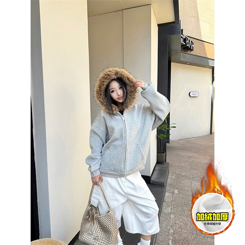 480G重磅加绒硬挺boxy秋冬美式高街超大毛领座山雕连帽卫衣厚外套，女装短外套，电商A486