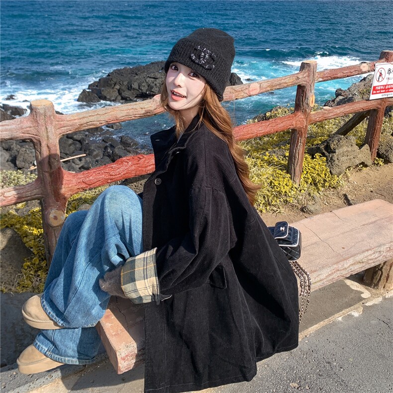 黑色灯芯绒格子拼接外套女2025年冬季浪漫夹棉加厚保暖中长款上衣,女装棉衣/棉服,2C201