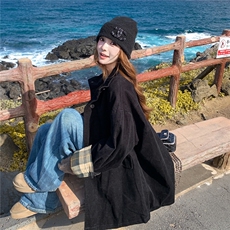 黑色灯芯绒格子拼接外套女2025年冬季浪漫夹棉加厚保暖中长款上衣，女装棉衣/棉服，2C201