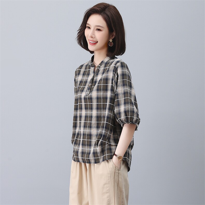 纯棉格子衬衫女2023夏季新款年轻妈妈休闲宽松收腰显瘦短袖上衣,女装T恤,忆绮罗