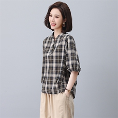 纯棉格子衬衫女2023夏季新款年轻妈妈休闲宽松收腰显瘦短袖上衣，女装T恤，忆绮罗