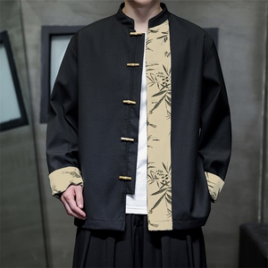 现货 中式西装夹克拼接竹叶印花竹子扣翻袖撞色外套JK88-P100图片