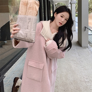 韩系甜美连帽双面羊毛大衣女2025秋冬季新款显瘦保暖长款呢子外套图片