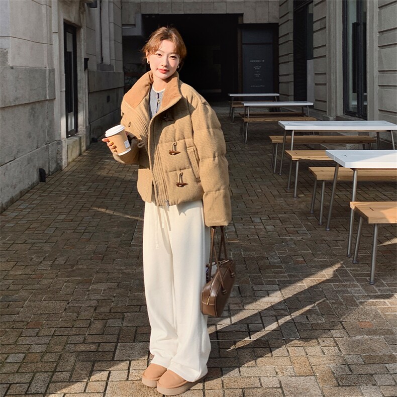 超好看黄色短款牛角扣立领羽绒服女冬2024新款学院风90白鸭绒外套,女装羽绒服,浙宝285（原212）