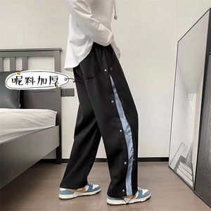 排扣裤子男秋冬季ins潮宽松毛呢休闲裤K1136P35图片