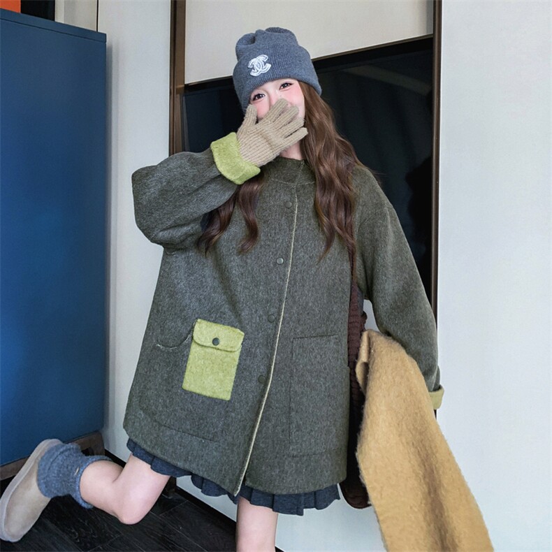 新款xian货学院风连帽撞色双面尼外套AD907-P285K408,女装毛呢外套,2B187