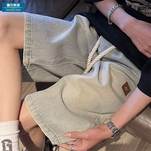 高街复古做旧蓝五分裤男女夏季设计感宽松阔腿牛仔短裤DA6604-P35图片