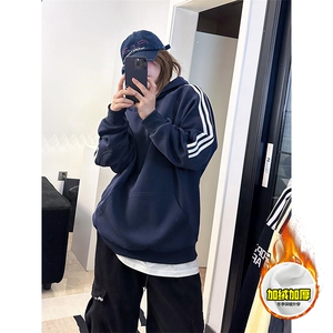 480G重磅加绒硬挺boxy男女秋冬美式高街结构三条杠织带卫衣厚外套图片