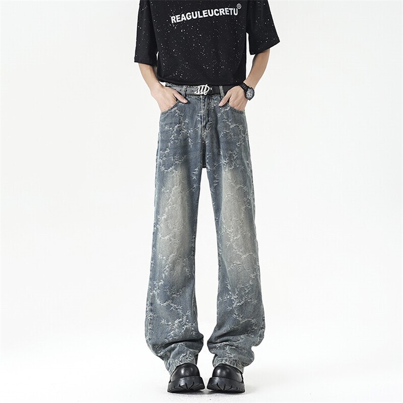 25春夏新款提花牛仔裤男高街潮牌微喇直筒裤NK390P45，男装牛仔裤，星座712
