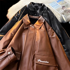 秋季工装刺绣皮夹克男翻领皮衣青年外套潮流A266-PY007-P65，男装皮衣，电商A266