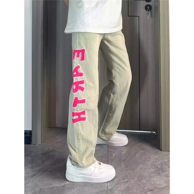 字母刺绣黄泥牛仔裤男款潮牌痞帅直筒裤子美式高街vibe弯刀微喇裤,男装牛仔裤,星座1008