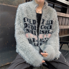 美式街头复古潮牌字母提花开衫仿貂绒水貂毛秋冬款情侣外套ins，女装短外套，星座505-2（原电商A260-1)