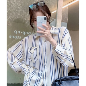蓝色条纹衬衫女春季设计感小众韩版休闲长袖衬衣 CV251图片