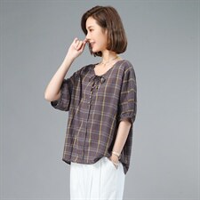 2021夏季新款时尚休闲舒适气质减龄圆领格纹小衫，女装T恤，梦芯尔