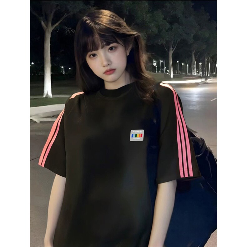 抖音得物品质二开240克宽松纯棉美式潮牌印花三条杠中性风短袖T恤,男装T恤,电商A486-1