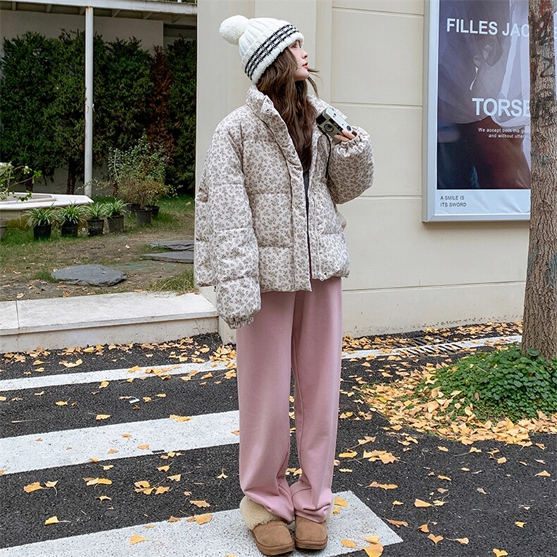 韩版减龄小碎花短款立领羽绒服女2025冬季新款显瘦加厚白鸭绒外套,女装羽绒服,2C305