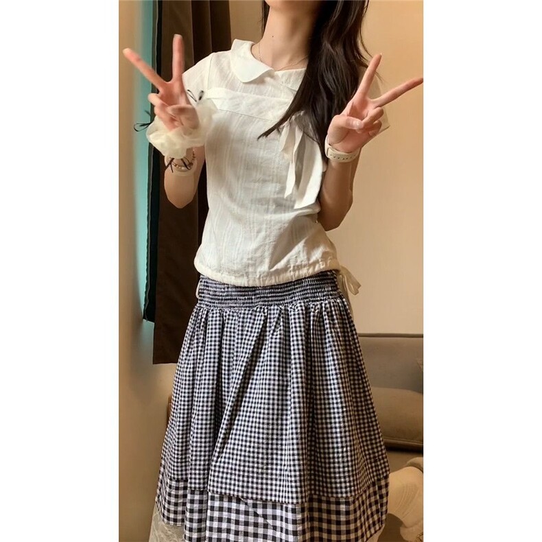 法式两件套装简约清新风通勤纯色短袖上衣搭配修身高腰格子,男装T恤,星座1210-1