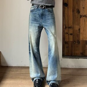 复古美式水洗蓝色牛仔裤男春秋季设计感潮牌宽松直筒阔腿休闲裤子