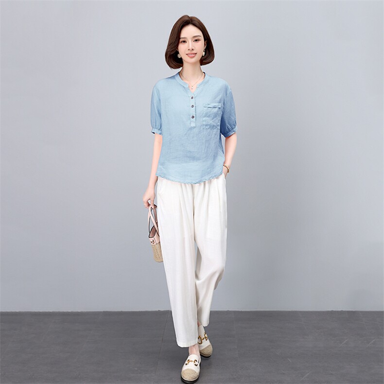 薄款棉麻休闲套装女夏季2025新款中年妈妈时尚洋气亚麻衬衫两件套,女装套装/套裙,凝聚力