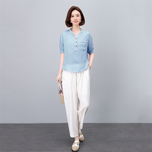 薄款棉麻休闲套装女夏季2025新款中年妈妈时尚洋气亚麻衬衫两件套图片
