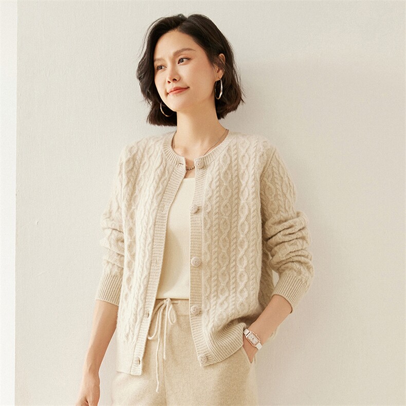 2024秋季新款圆领扭花长袖开衫复古百搭35%羊绒衫,女装羊绒衫,蚂蚁派对工厂直营店