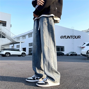 猫抓牛仔裤男秋季高街ins宽松直筒拖地裤A166-K006-P50加绒60控78图片