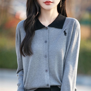 2025春季新款时髦POLO领薄款外套女显瘦翻领宽松大码针织打底开衫图片