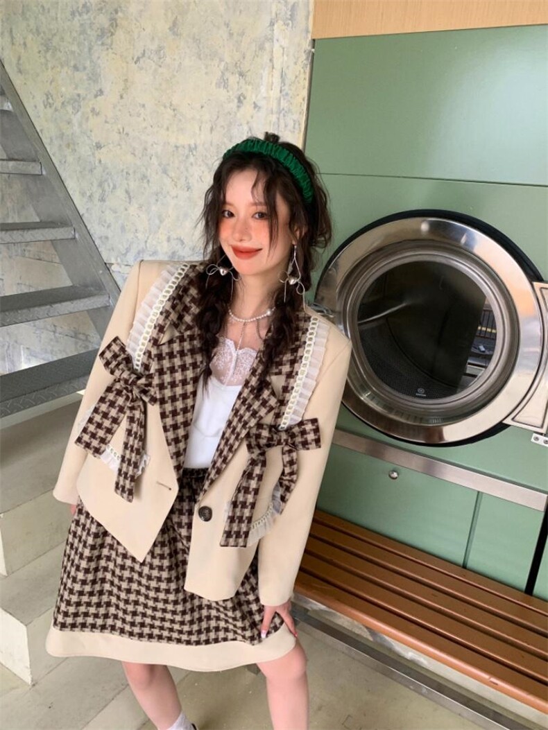 两色蝴蝶结格纹套装，女装职业装，YOUER DENG