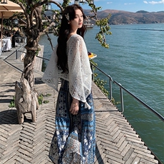 蓝色法式防晒衫吊带裙套装女2025春夏新款海边度假波西米亚连衣裙，女装连衣裙，2C177