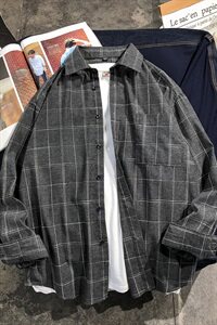 秋季新款宽松衬衫男士韩版潮流格子衬衣外套长袖DF04T图片