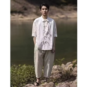 C302-P43 新中式男装潮复古衬衫2025夏季新款短袖垂感高级衬衣图片
