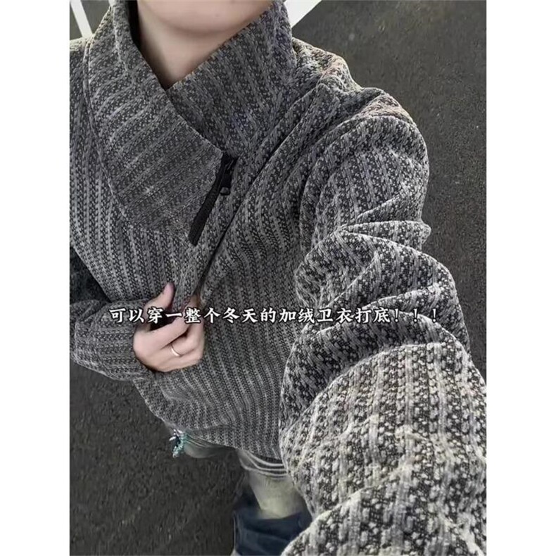 高品质春装新款老钱风美式高街鱼骨纹斜拉链解构高领卫衣长袖t恤,男装T恤,电商A486-1