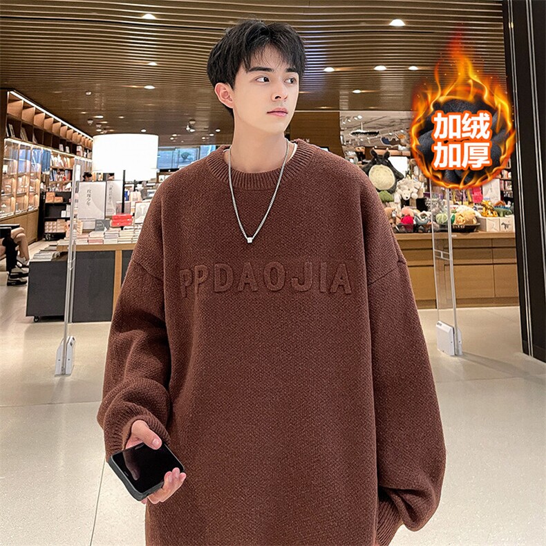冬款韩版圆领毛衣男士加绒加厚套头oversize毛线衫MY106J加绒-P65,男装针织衫/毛衣,电商A001