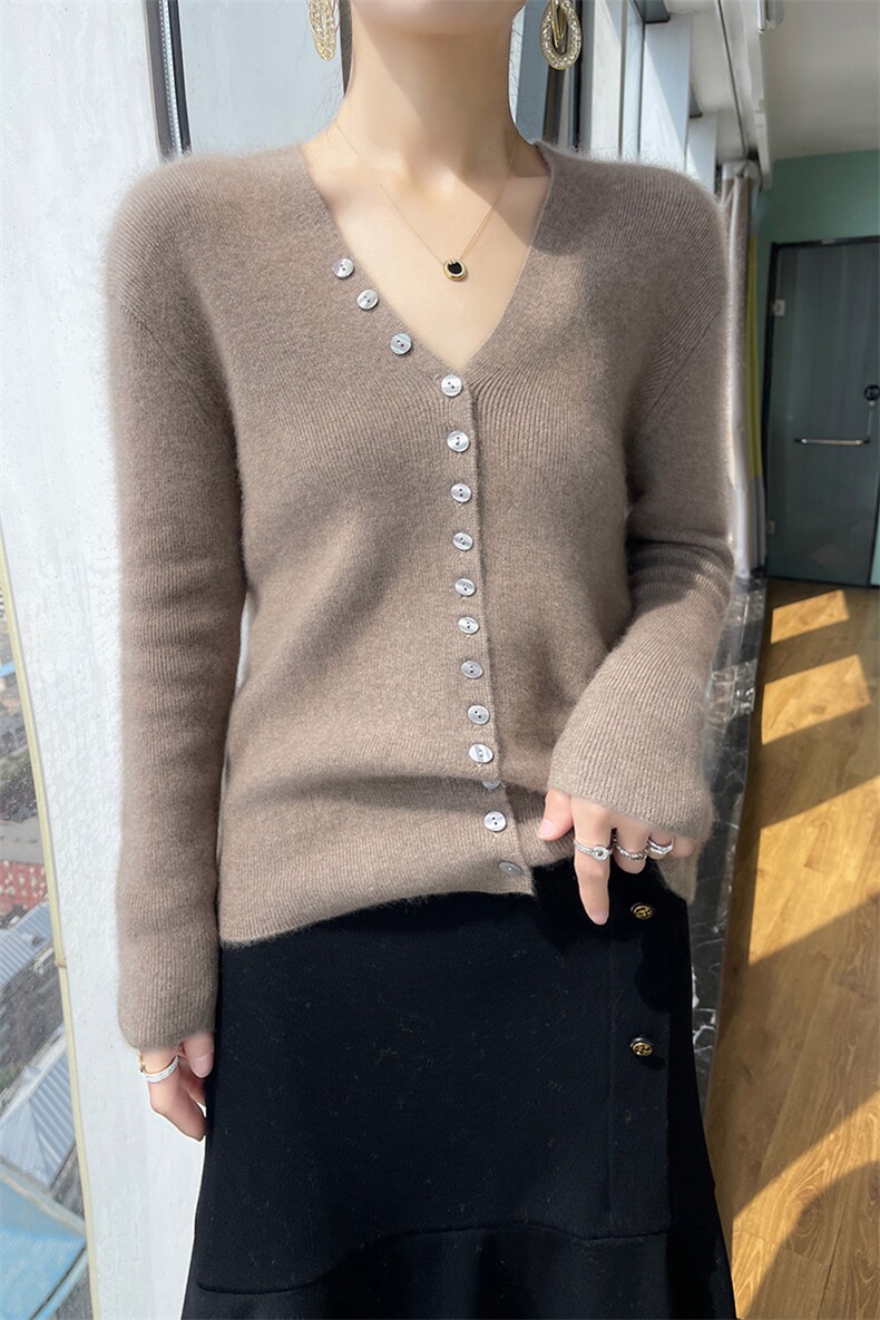 100%纯羊毛开衫女士V领纽扣针织长袖毛衣外套纯色宽松羊绒衫上衣,女装羊毛衫,百越羊绒