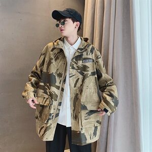 20秋季港风大码立体袋潮流迷彩工装外套风衣中长款夹克FY808图片