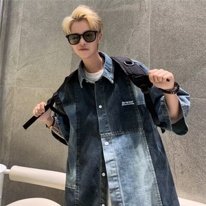 美式复古设计感hiphop拼接牛仔短袖衬衫外套 P53图片